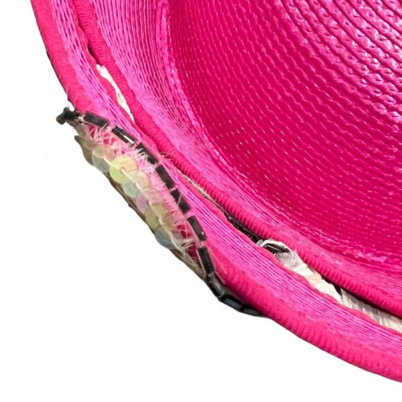 Deborah New York Pink Wide Brim Hat With Sequin Floral Applique - Picture 7 of 14